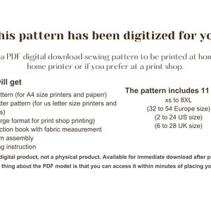 May include: A digital sewing pattern for a garment, available in 11 sizes from XS to 8XL. The pattern includes instructions for printing on A4, US letter, and A0 paper sizes. The pattern includes instructions for fabric measurement, pattern assembly, and sewing.