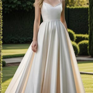 May include: A simple, elegant white satin wedding dress with a sweetheart neckline and spaghetti straps. The dress has a fitted bodice and a flowing A-line skirt.