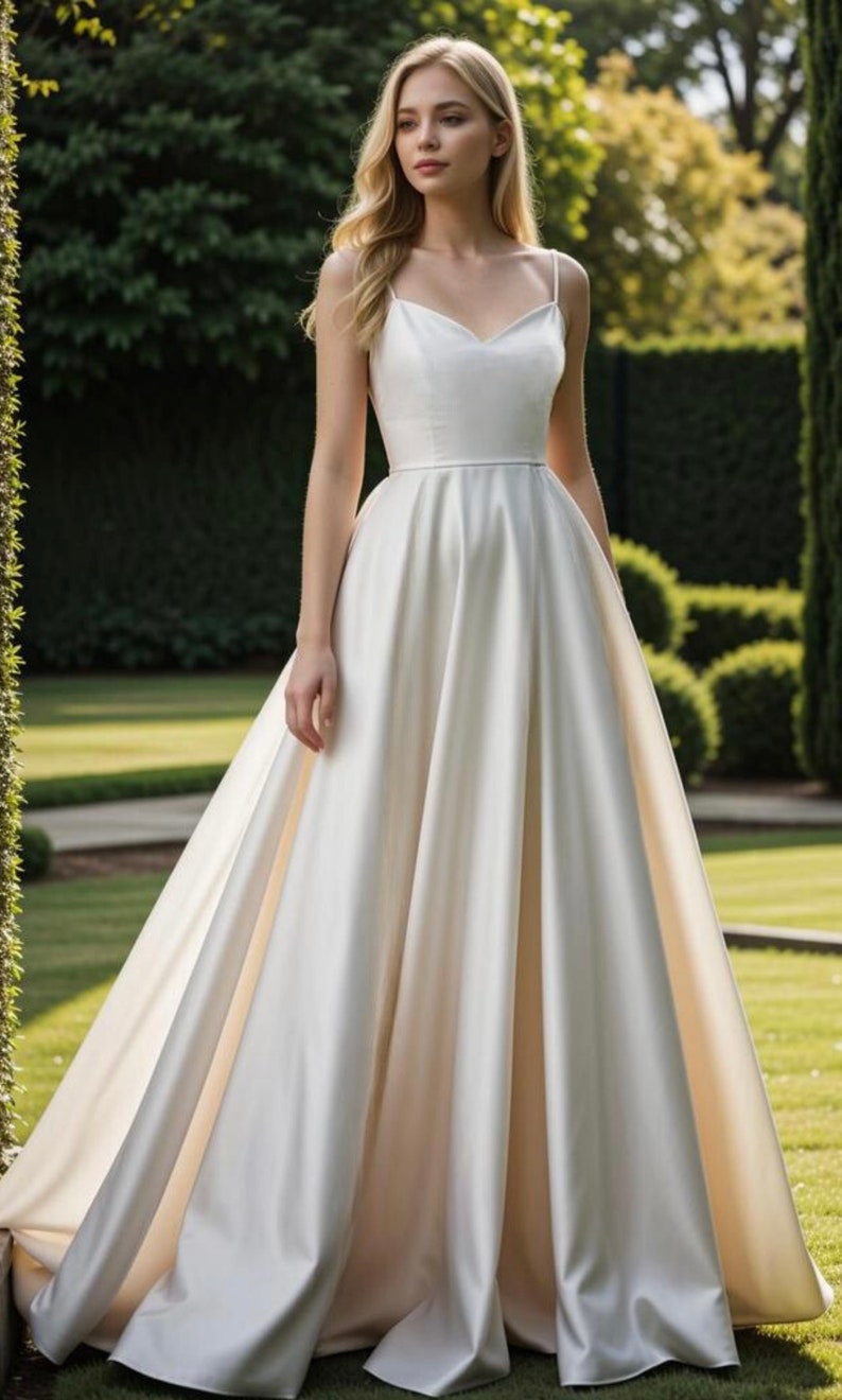 May include: A simple, elegant white satin wedding dress with a sweetheart neckline and spaghetti straps. The dress has a fitted bodice and a flowing A-line skirt.