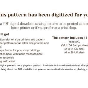 May include: A digital sewing pattern for 11 sizes, from XS to 8XL, in US, UK, and European sizes. The pattern includes instructions for printing on A4, US letter, and A0 paper sizes.