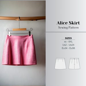 May include: A pink skirt sewing pattern called "Alice Skirt" with sizes XS-8XL, US2-US24, and EU34-EU56. The pattern includes two illustrations of the skirt.