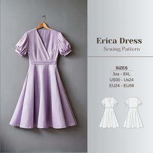 Dress Sewing Pattern Summer Dress PDF Midi Dress Pattern Bishop Sleeve PDF Linen Dress Pattern Satin Digital Balloon Sleeve Dress Surplice