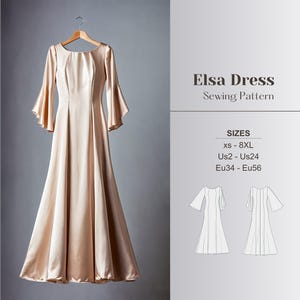 Peut inclure: Patron de couture pour une robe Elsa, avec une vue de face de la robe sur un cintre et un dessin au trait de la robe dans deux poses différentes. Le patron est disponible dans les tailles XS à 8XL, tailles US 2 à 24 et tailles EU 34 à 56.