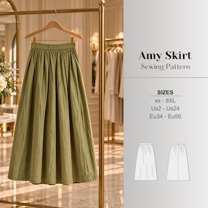 May include: An olive green midi skirt with a gathered waistband hanging on a wooden hanger. The text reads Amy Skirt Sewing Pattern, with sizes listed as xs-8XL, US2-US24, and EU34-EU56, accompanied by a line drawing of the skirt front and back.
