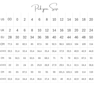 May include: Size chart for clothing with measurements in US, UK, EU, centimeters, and inches. The chart includes bust, waist, and hip measurements.