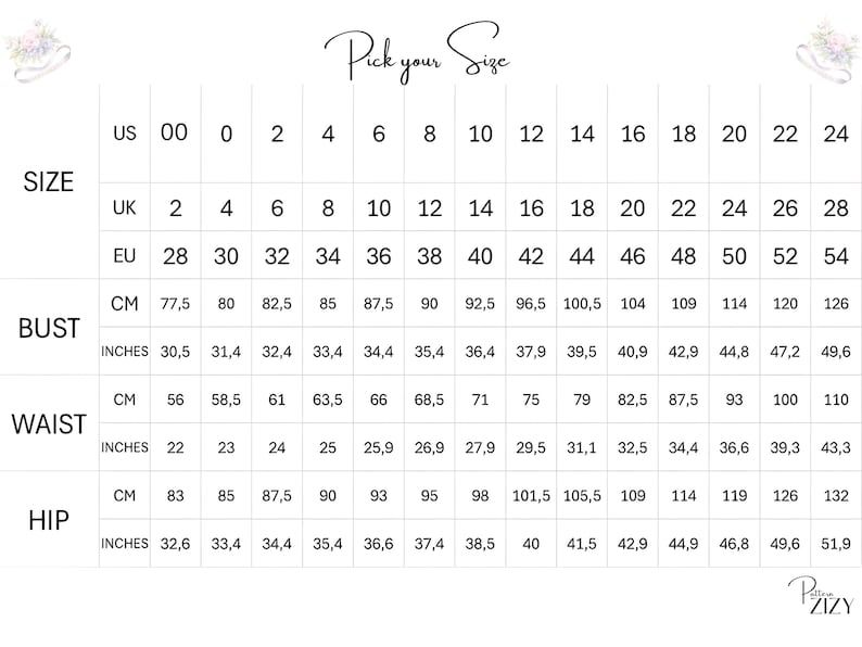 May include: Size chart for clothing with measurements in US, UK, EU, centimeters, and inches. The chart includes bust, waist, and hip measurements.