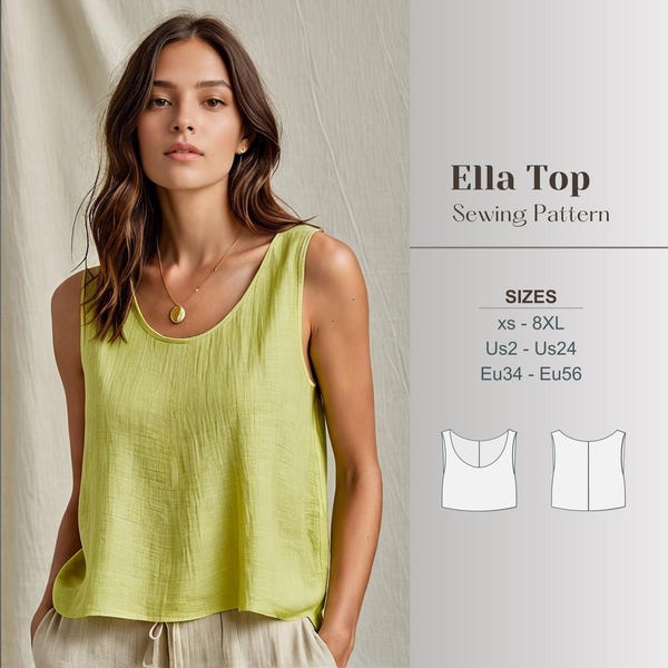 Patrón de costura de camiseta sin mangas en PDF, patrón de top corto, patrón de costura de camisola imprimible fácil de usar para principiantes, proyecto de costura digital para mujeres