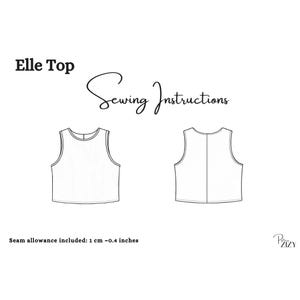 K&ouml;nnte beinhalten: Eine wei&szlig;e Strichzeichnung des Schnittmusters Elle Top, die Vorder- und R&uuml;ckansicht zeigt. Der Text "Elle Top" und "Sewing Instructions" stehen &uuml;ber den Illustrationen. Nahtzugabe enthalten: 1 cm ~0,4 Zoll.