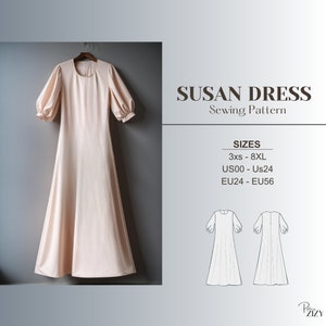 Maxi Dress Pattern, Modest, Digital PDF Sewing Pattern with Tutorial, Bishop Sleeve, Cottagecore, Vintage, Linen, Tent Dress, A0 A4 USLETTER