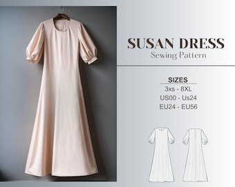 Maxi Dress Pattern, Modest, Digital PDF Sewing Pattern with Tutorial, Bishop Sleeve, Cottagecore, Vintage, Linen, Tent Dress, A0 A4 USLETTER