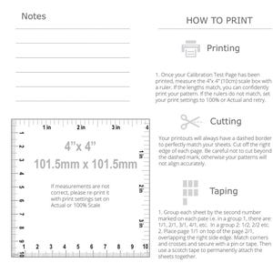 K&ouml;nnte beinhalten: Eine wei&szlig;e Seite mit Anweisungen zum Drucken und Zusammenf&uuml;gen von Mustern. Enth&auml;lt eine 101,5 mm x 101,5 mm Skala, ein Lineal und Text zum Drucken, Schneiden und Kleben. Die Seite hat auch einen Abschnitt f&uuml;r Notizen.