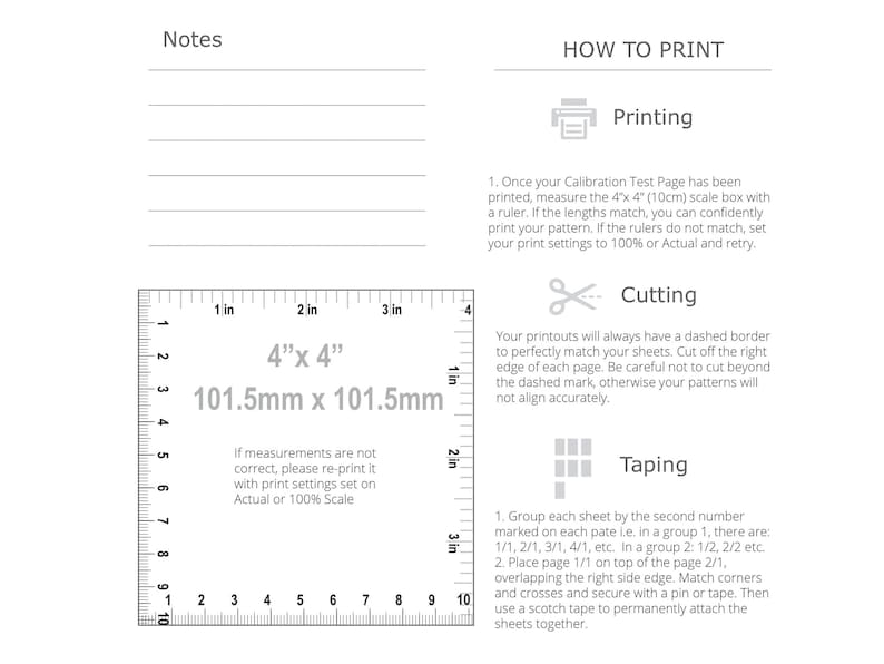 K&ouml;nnte beinhalten: Eine wei&szlig;e Seite mit Anweisungen zum Drucken und Zusammenf&uuml;gen von Mustern. Enth&auml;lt eine 101,5 mm x 101,5 mm Skala, ein Lineal und Text zum Drucken, Schneiden und Kleben. Die Seite hat auch einen Abschnitt f&uuml;r Notizen.
