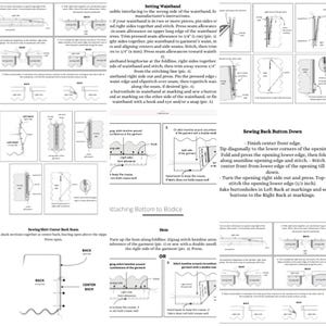 K&ouml;nnte beinhalten: Diagramme und Anweisungen f&uuml;r N&auml;htechniken, einschlie&szlig;lich des Anbringens eines Bunds, des Anbringens eines Oberteils und des Ann&auml;hens eines Knopfes am R&uuml;cken. Der Text enth&auml;lt Ma&szlig;e in cm und Zoll sowie detaillierte Schritte f&uuml;r die Kleidungsherstellung.