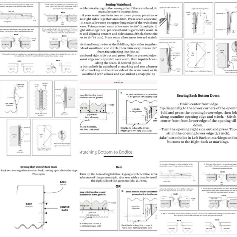 K&ouml;nnte beinhalten: Diagramme und Anweisungen f&uuml;r N&auml;htechniken, einschlie&szlig;lich des Anbringens eines Bunds, des Anbringens eines Oberteils und des Ann&auml;hens eines Knopfes am R&uuml;cken. Der Text enth&auml;lt Ma&szlig;e in cm und Zoll sowie detaillierte Schritte f&uuml;r die Kleidungsherstellung.