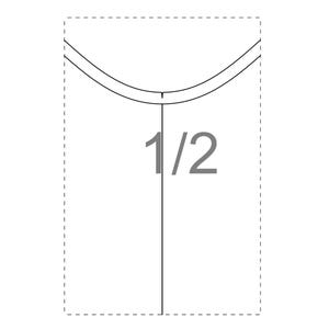 May include: A black and white line drawing of a half-circle shape with a vertical line extending from the center. The number "1/2" is written on the vertical line.
