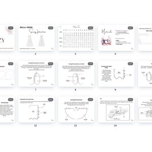 May include: A 15-page sewing pattern for a Bella Dress. The pattern includes instructions, materials list, and diagrams for sewing the dress. The pattern is titled "Pattern ZIZY".