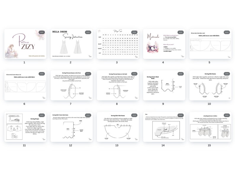 May include: A 15-page sewing pattern for a Bella Dress. The pattern includes instructions, materials list, and diagrams for sewing the dress. The pattern is titled "Pattern ZIZY".