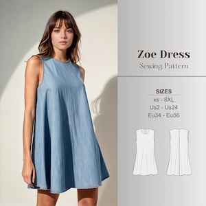 Summer Dress Sewing Pattern Mini Tent Dress PDF Sleeveless A Line Dress Easy Swing Dress Pattern Beginner Sewing Project