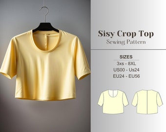Crop Tshirt Sewing Pattern PDF Digital, Beginner, Crop top, y2k, rib crop, a4 a0 us letter, T-shirt, basic, women, plus size, 3xs us0 8xl