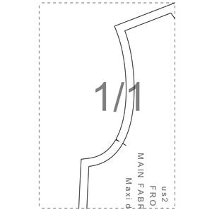 May include: A black and white line drawing of a garment pattern piece labeled "1/1". The pattern piece is for the front of a garment and is made of a main fabric. The pattern piece is for a maxi dress.