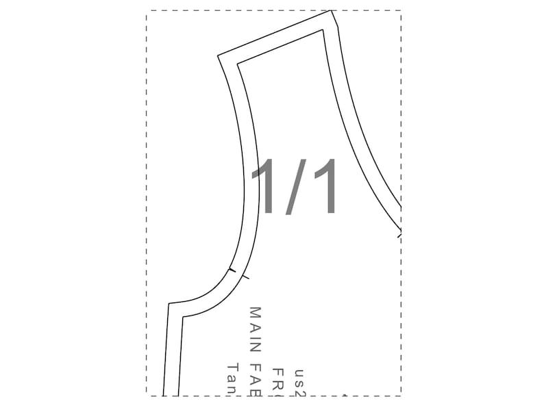 K&ouml;nnte beinhalten: Ein wei&szlig;es Schnittmusterteil mit dem Text "1/1" in Grau. Das Schnittmusterteil hat gebogene und eckige Kanten, mit zus&auml;tzlichem Text an der Seite, einschlie&szlig;lich "MAIN FAB" und "Tan".