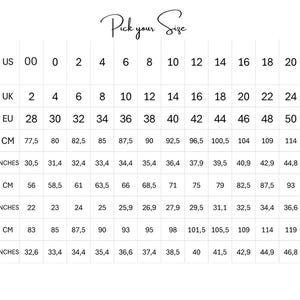 May include: Size chart for clothing with measurements in US, UK, EU, centimeters, and inches. The chart includes bust, waist, and hip measurements.