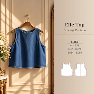 May include: A blue denim sleeveless top hanging on a wooden hanger. Text reads: Elle Top Sewing Pattern, SIZES xs - 8XL, Us2 - Us24, Eu34 - Eu56. Includes a white line drawing of the front and back of the top and the logo Pattern ZIZY.
