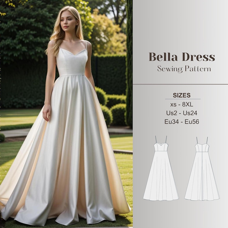 May include: A white Bella Dress sewing pattern with a line drawing of the dress in two sizes. The pattern is available in sizes XS-8XL, US2-US24, and EU34-EU56.