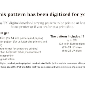 K&ouml;nnte beinhalten: Ein digitaler Schnittmuster-Download mit dem Text &bdquo;Dieses Muster wurde f&uuml;r Sie digitalisiert&ldquo;. Enth&auml;lt A4- und US-Letter-Muster, A0-Format, ein Anleitungsbuch und 11 Gr&ouml;&szlig;en von XS bis 8XL.