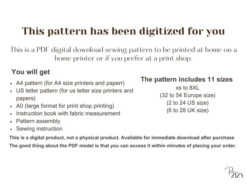 K&ouml;nnte beinhalten: Ein digitaler Schnittmuster-Download mit dem Text &bdquo;Dieses Muster wurde f&uuml;r Sie digitalisiert&ldquo;. Enth&auml;lt A4- und US-Letter-Muster, A0-Format, ein Anleitungsbuch und 11 Gr&ouml;&szlig;en von XS bis 8XL.