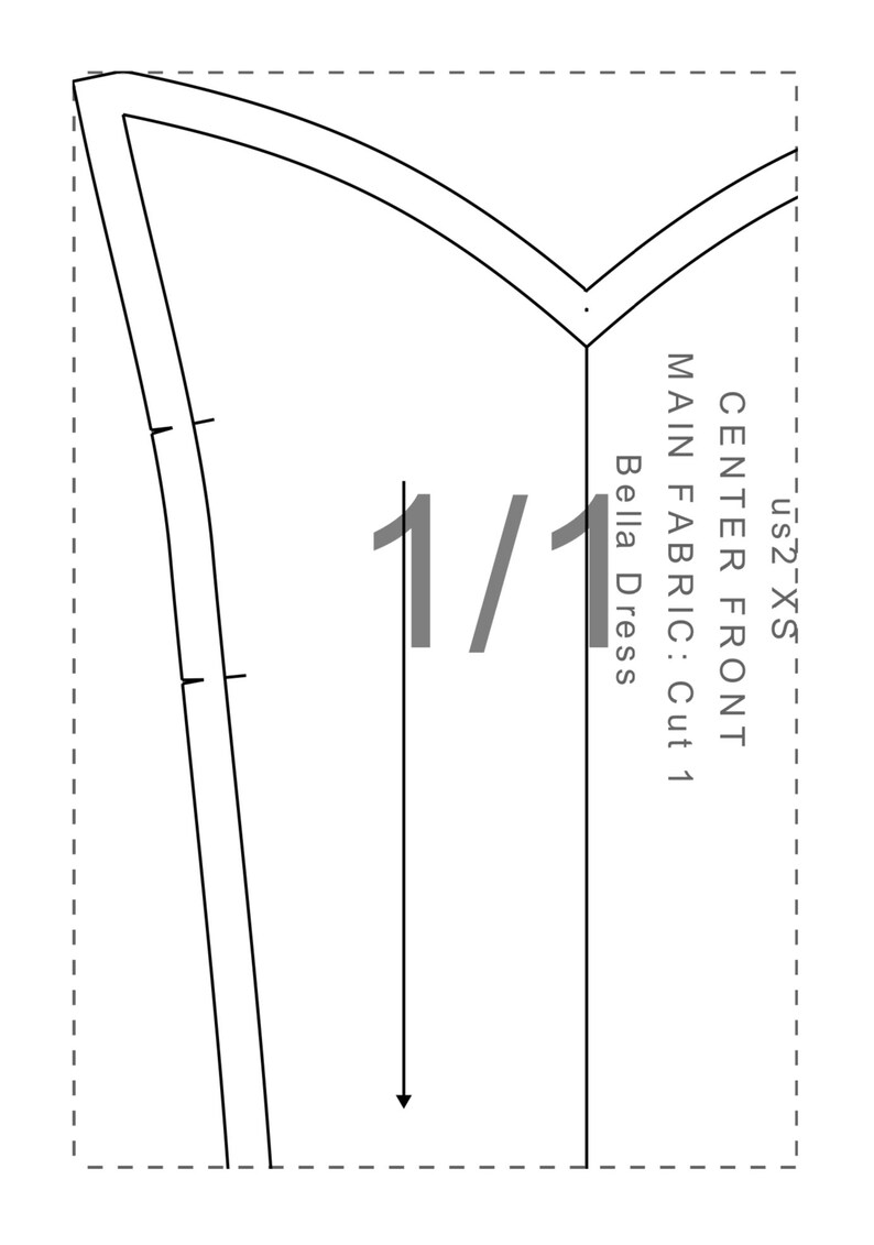 May include: A black and white sewing pattern for a dress, labeled "Center Front, Main Fabric: Cut 1, US2-XS, Bella Dress, 1/1".