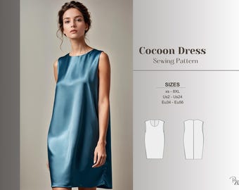 Cocoon dress sewing pattern sleeveless summer dress pdf beginner friendly mini shift dress diy silk satin sewing project