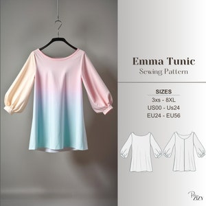 May include: A sewing pattern for an Emma Tunic with a gradient ombre design in pink, blue, and yellow. The pattern includes sizes 3xs to 8XL, UK 00 to UK 24, and EU24 to EU56.