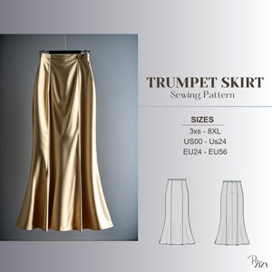 May include: A sewing pattern for a trumpet skirt. The pattern includes sizes 3xs to 8XL, UK 00 to UK 24, and EU24 to EU56. The pattern is illustrated with a line drawing of the skirt.