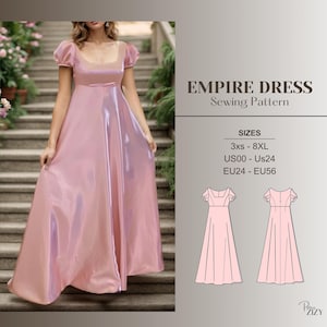 Puede incluir: Un patrón de costura para un vestido imperio, con una modelo vistiendo el vestido y dos dibujos de línea del vestido en diferentes tamaños. El patrón incluye las tallas 3xs a 8XL, US00 a US24 y EU24 a EU56.