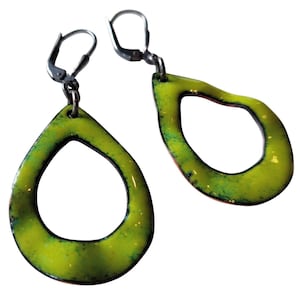 Green with envy, double-sided sterling and enameled copper earrings image 1