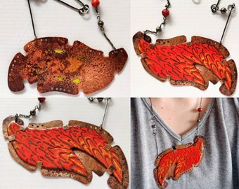 Flames, OOAK double-sided sterling silver, copper, and enamel necklace