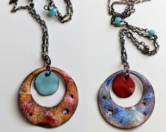 Ri, double-sided sterling and enameled copper necklace