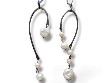 Twins, asymmetric sterling silver and pearl earrings