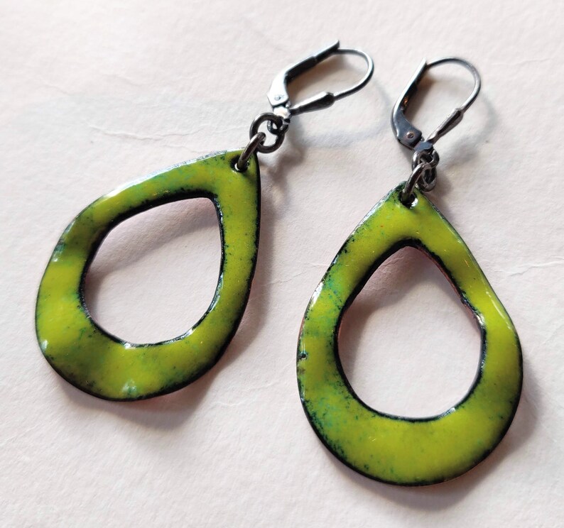 Green with envy, double-sided sterling and enameled copper earrings image 2