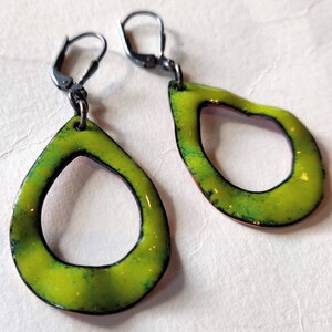 Green with envy, double-sided sterling and enameled copper earrings image 3