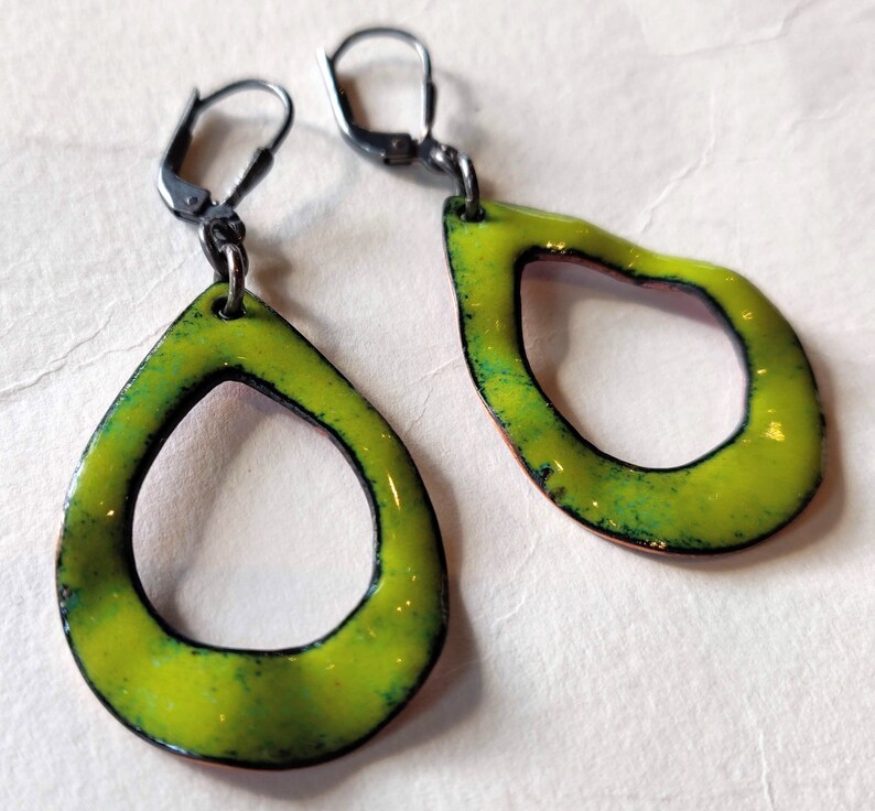 Green with envy, double-sided sterling and enameled copper earrings image 3