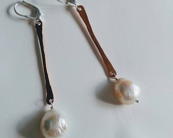 Aster, sterling silver, copper, and pearl earrings