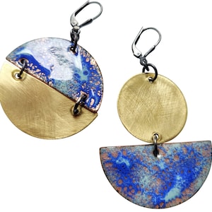 Xena, choose your color, double-sided sterling silver, brass, and enameled copper earrings