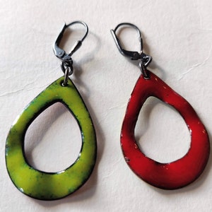 Green with envy, double-sided sterling and enameled copper earrings image 5