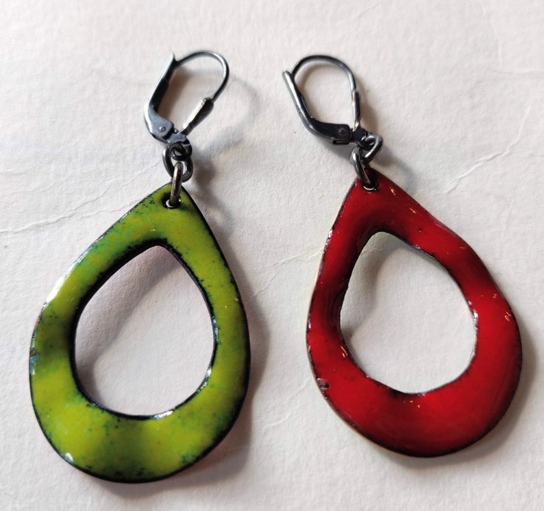 Green with envy, double-sided sterling and enameled copper earrings image 5