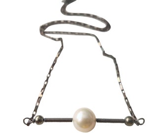 Chloe, sterling silver, pyrite, and cultured freshwater pearl necklace