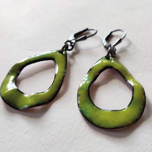 Green with envy, double-sided sterling and enameled copper earrings image 4