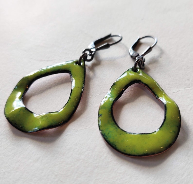 Green with envy, double-sided sterling and enameled copper earrings image 4