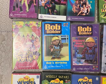 A collection of classic VHS tapes featuring beloved children's shows! With Rares. 33 tapes, barney, wiggles, Sesame Street, hi 5, ABC More!!